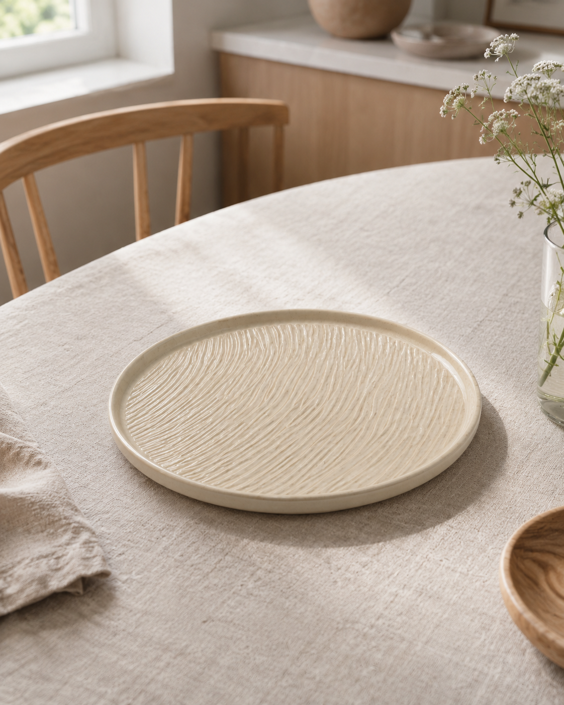 Creme textured stoneware ceramic plate on a light dining table