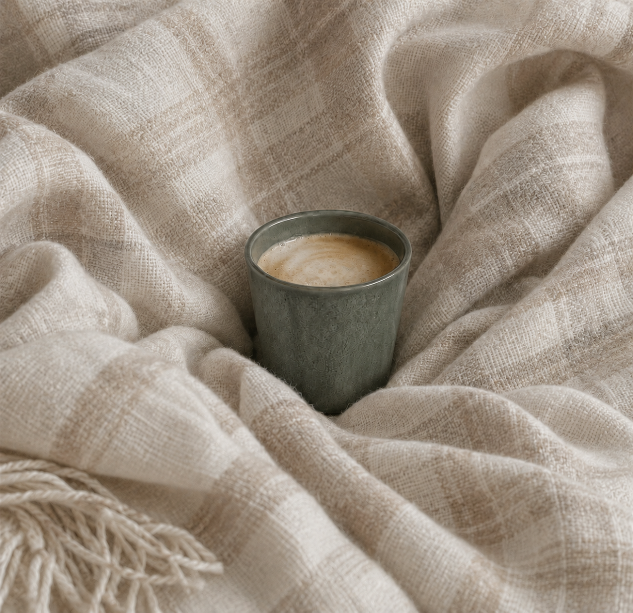 Deep Olive stoneware mug with coffee on a soft beige blanket