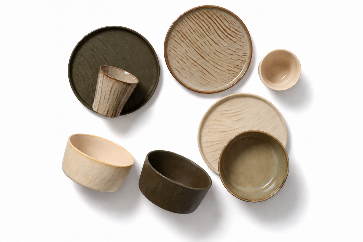 Top view of SOLI ceramic tableware in Creme, Sage Taupe and Deep Olive colours, including plates, bowls and mugs.