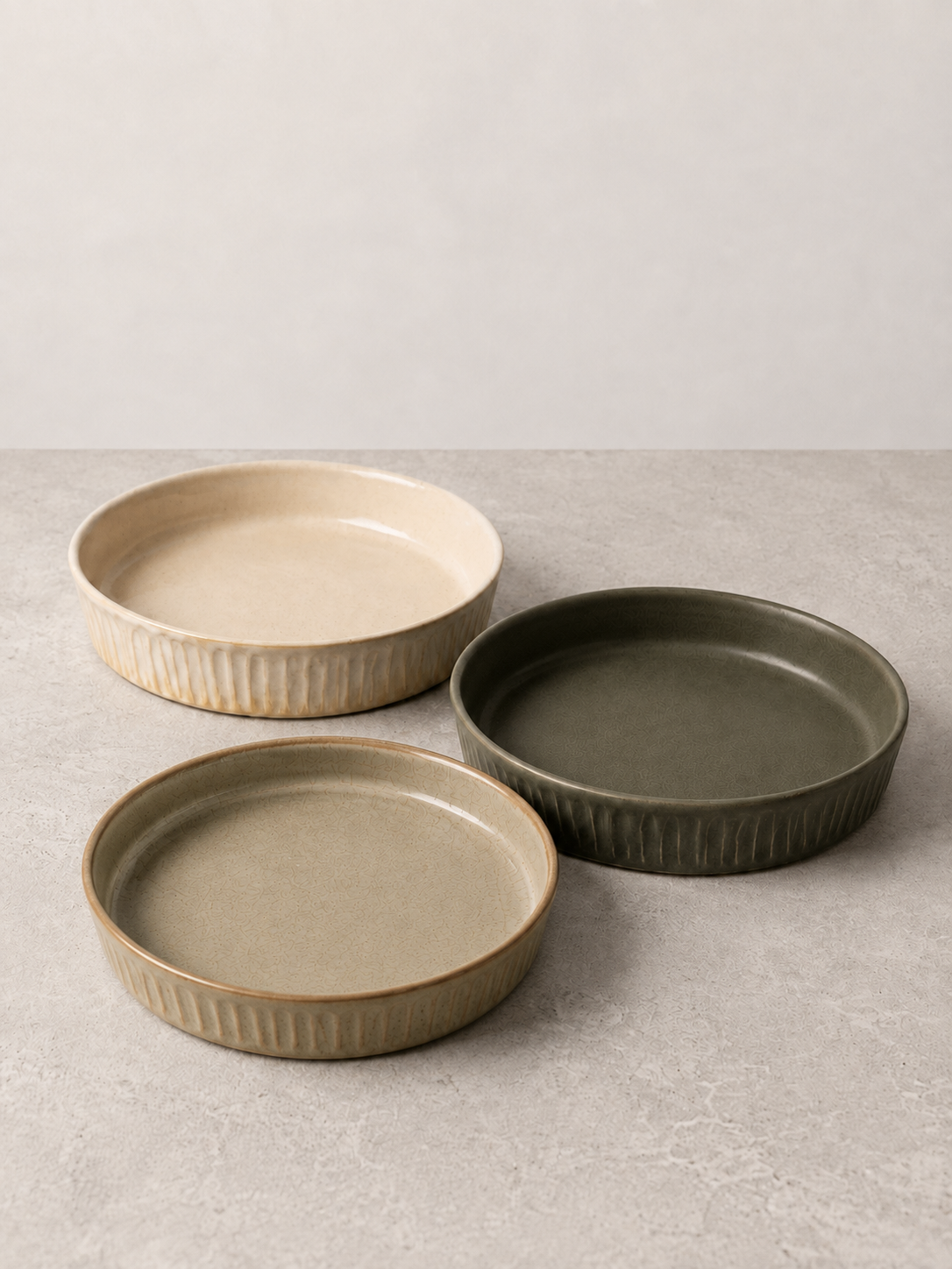 Stoneware ceramic salad/pasta plates in Creme, Sage Taupe and Deep Olive