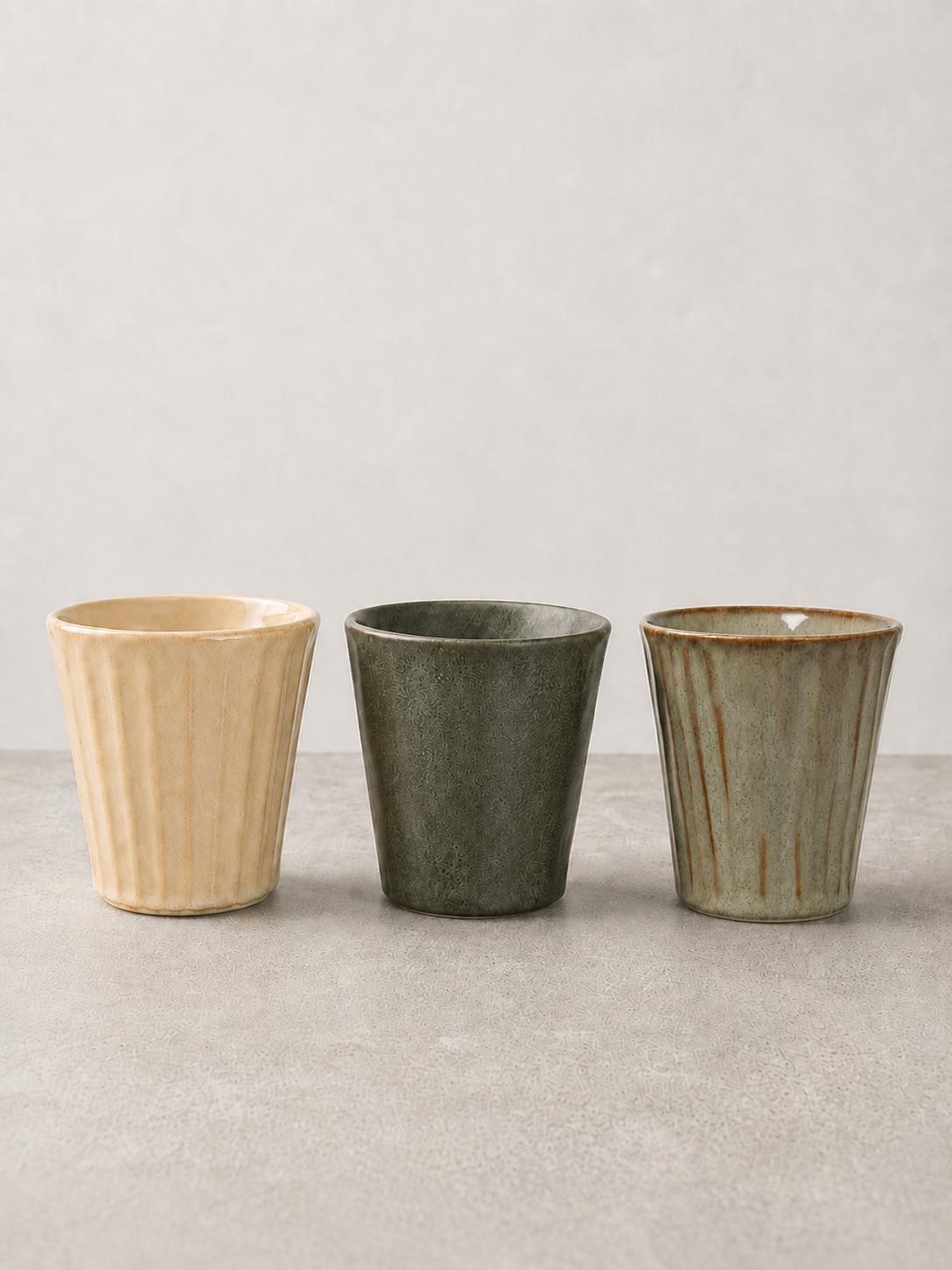 Stoneware ceramic mugs in Creme, Deep Olive and Sage Taupe