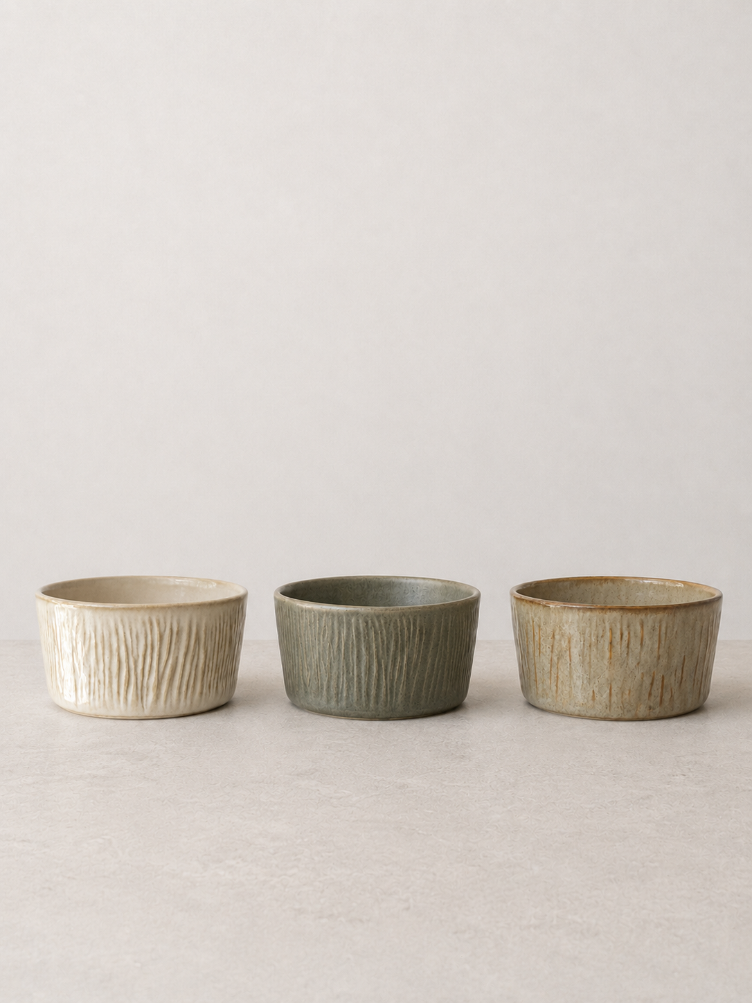 Textured stoneware ceramic bowls in Creme, Deep Olive and Sage Taupe