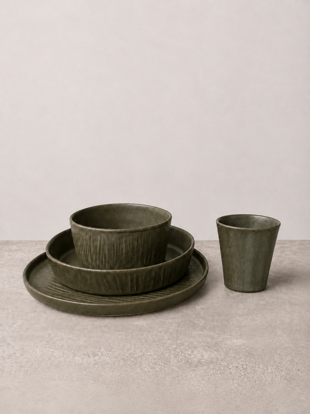 Deep Olive stoneware ceramic dinnerware set with plate, salad/pasta plate, bowl and mug