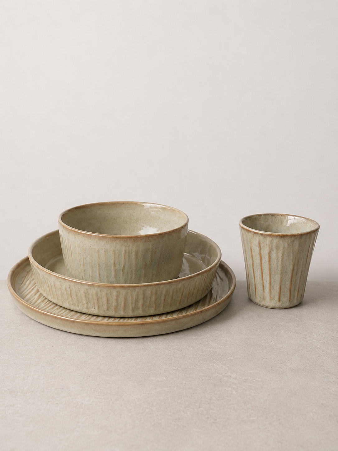 Sage Taupe stoneware ceramic dinnerware set with plate, salad/pasta plate, bowl and mug