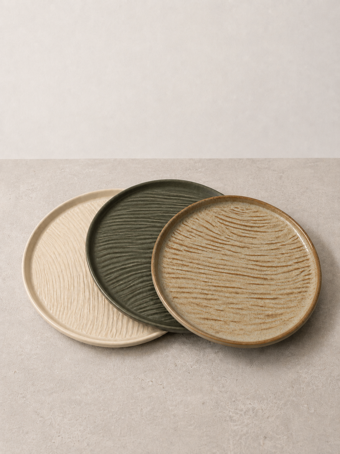 Textured stoneware ceramic plates in Creme, Deep Olive and Sage Taupe