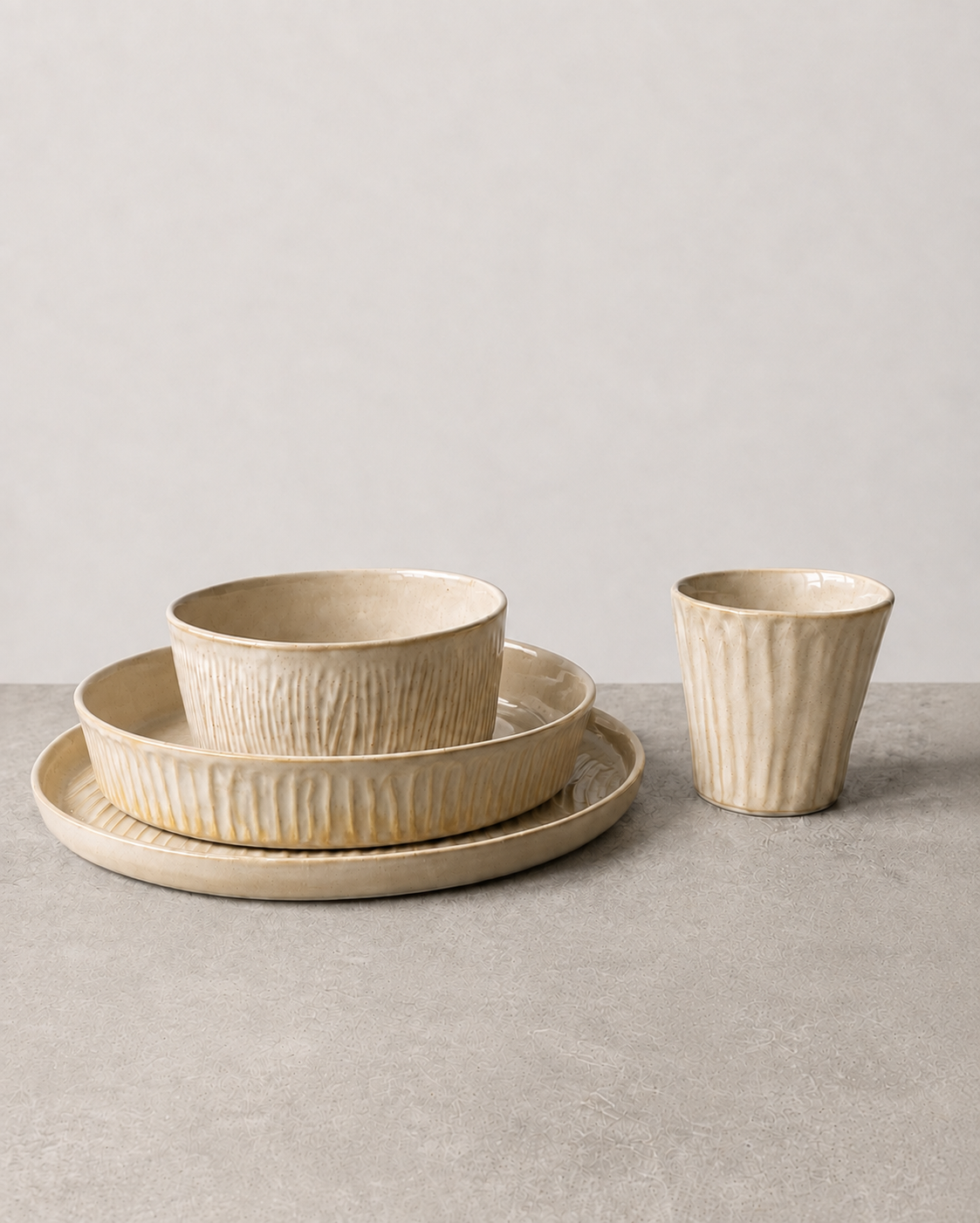 Creme stoneware ceramic dinnerware set with plate, salad/pasta plate, bowl and mug