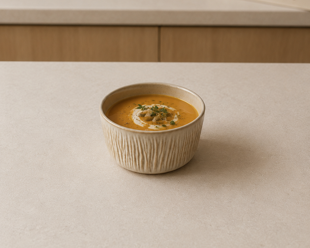 Creme stoneware bowl with creamy pumpkin soup on a light countertop