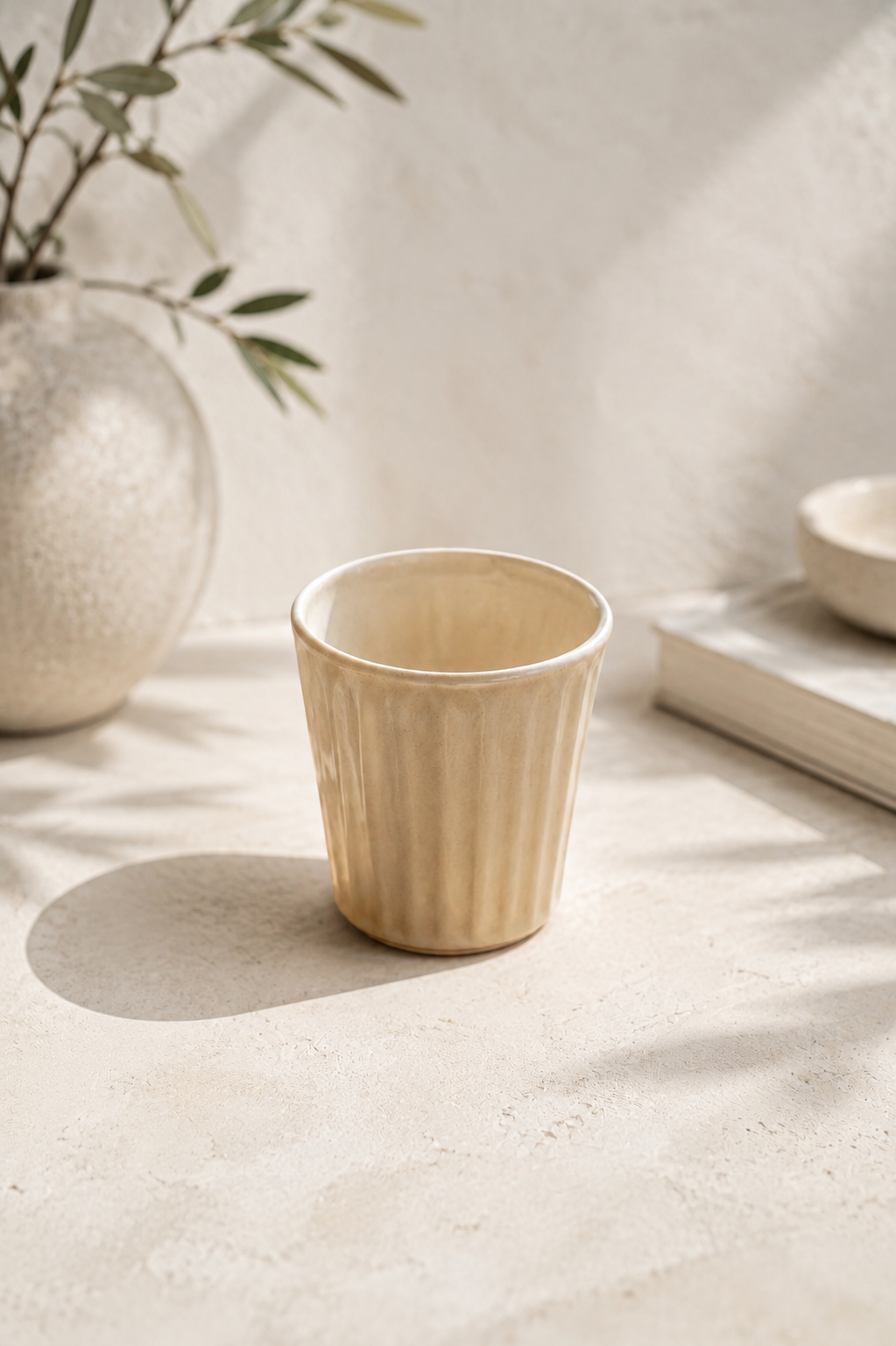 Creme stoneware ceramic mug on a light stone surface