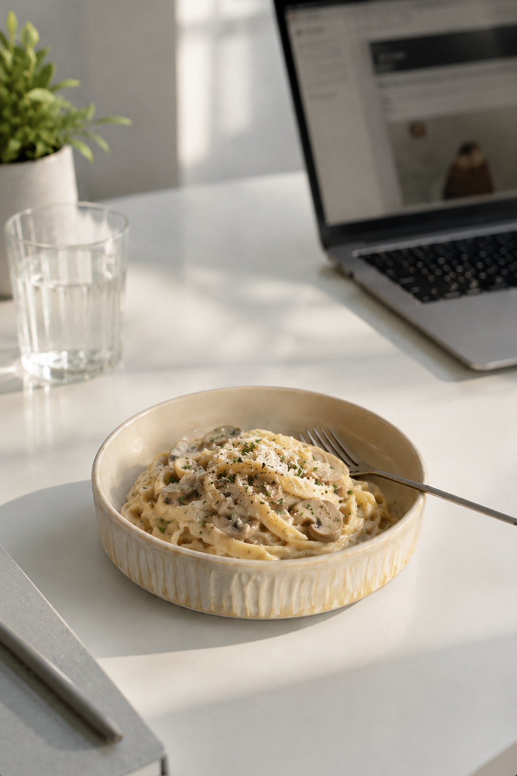 Creme stoneware salad/pasta plate with creamy mushroom pasta on a white desk