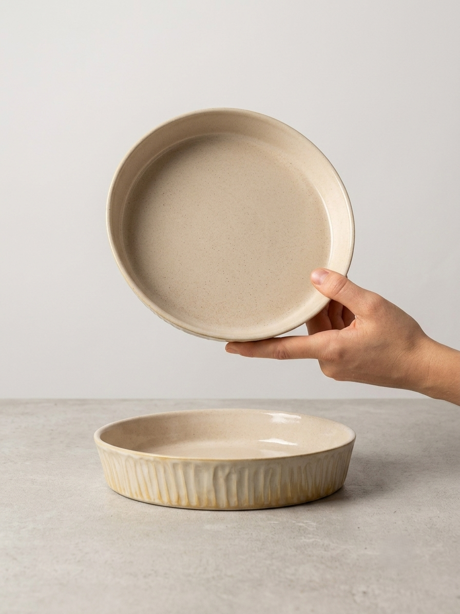 Creme stoneware salad and pasta dish by SOLI CERAMICS held in hand above a matching dish on a neutral background