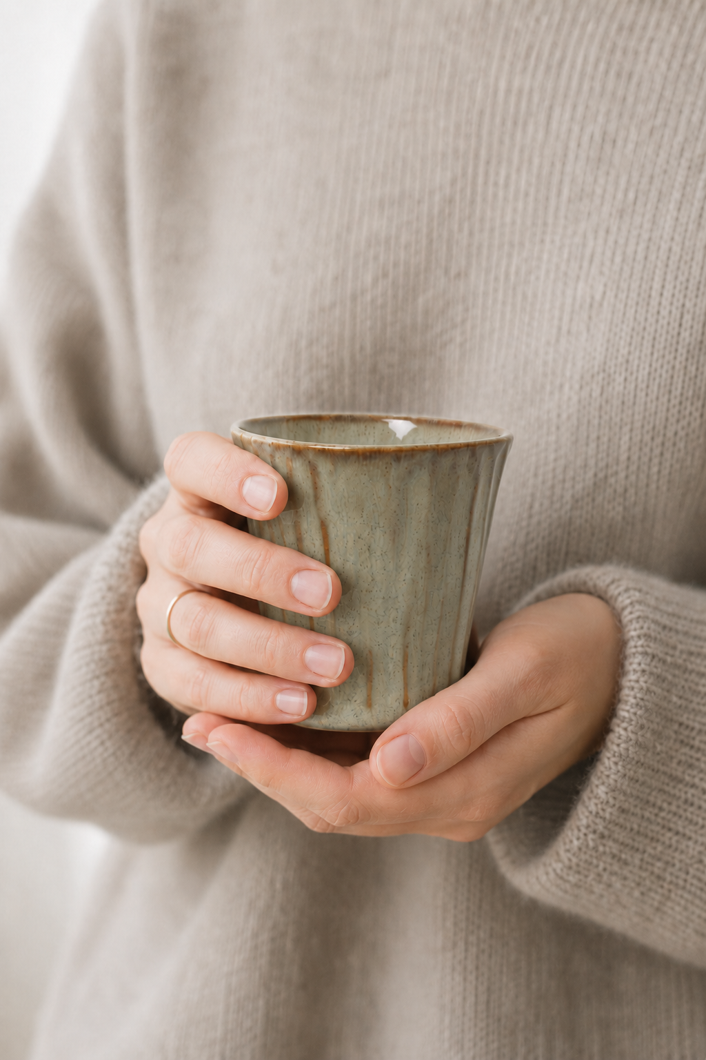 Sage Taupe stoneware ceramic mug held with both hands