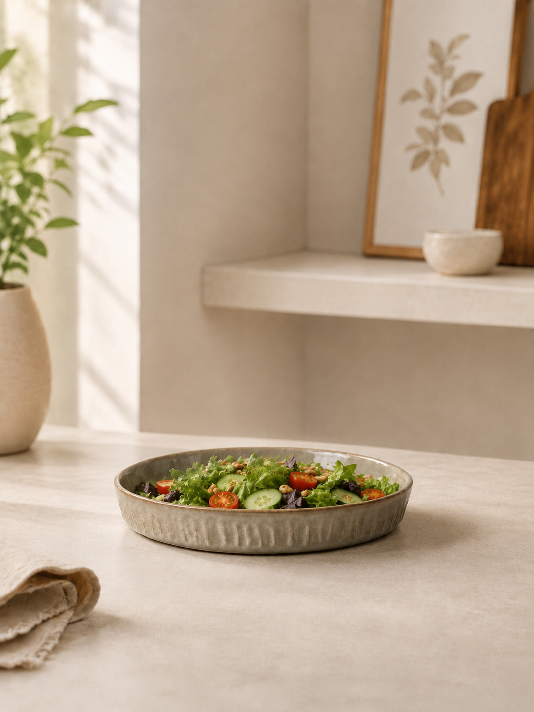 Sage Taupe stoneware salad/pasta plate with fresh green salad on a light countertop