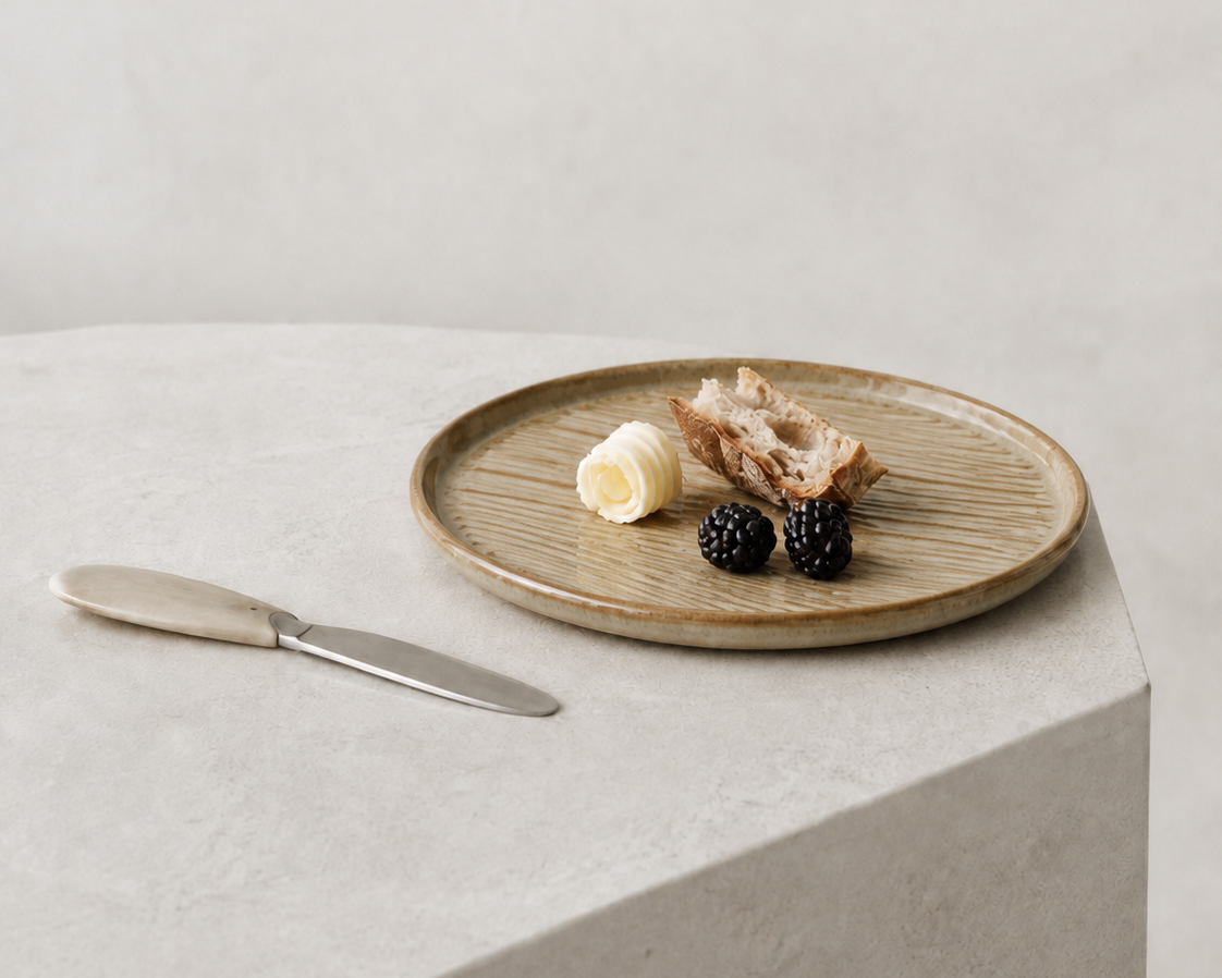 Sage Taupe textured stoneware ceramic plate with blackberries and toast