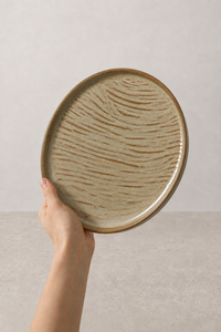 Sage Taupe textured stoneware ceramic plate held in hand